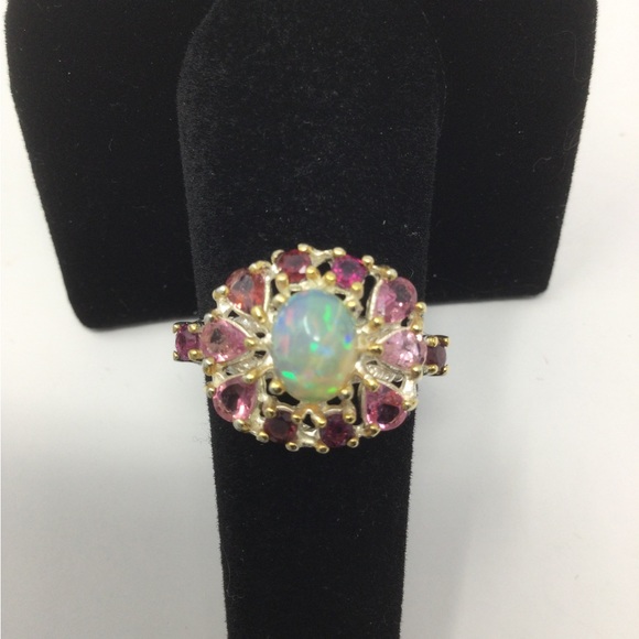 Genuine , Natural Fiery Opal & Pink Tourmalines Ring - Picture 13 of 14